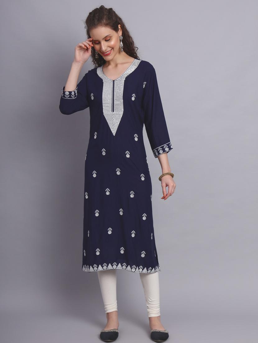 women navy blue chikankari work straight kurta - 20239513 - Standard Image - 4