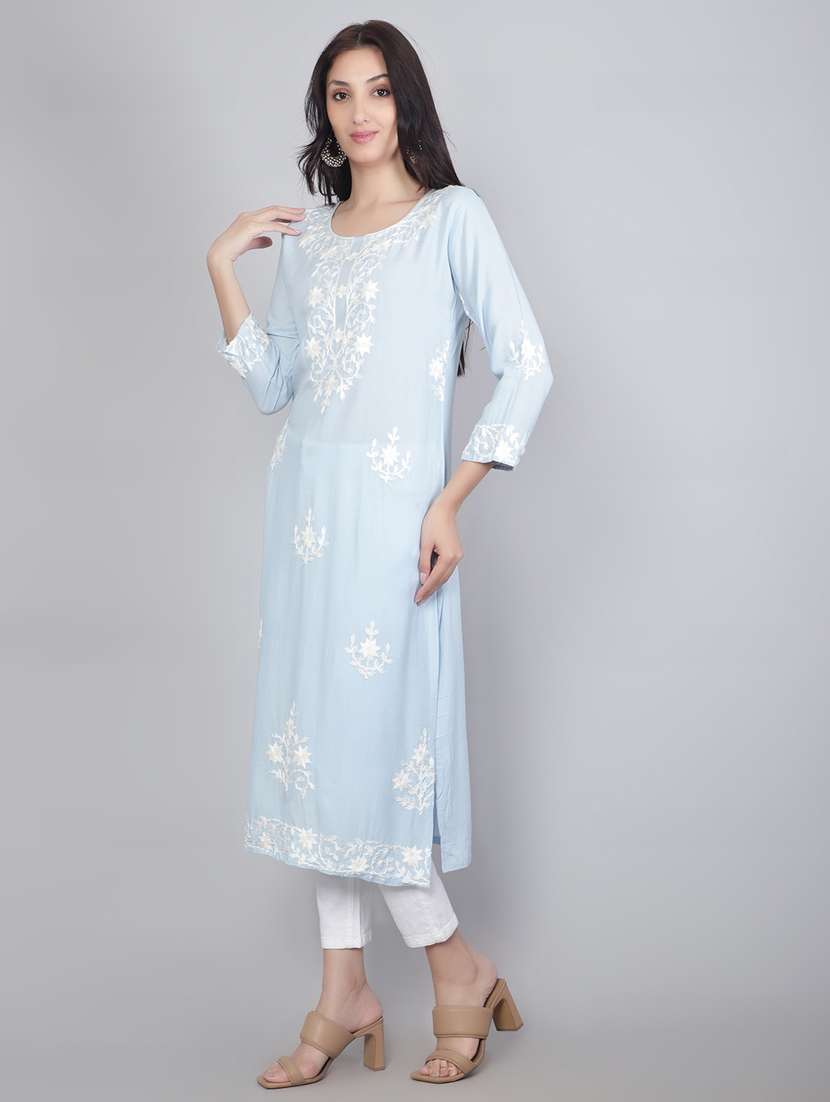 women light blue chikankari work straight kurta - 20239518 -  Standard Image - 1