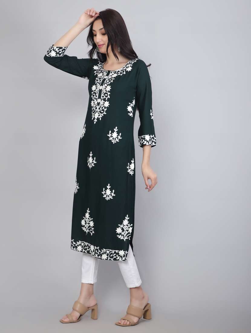women bottle green chikankari work straight kurta - 20239521 -  Standard Image - 1