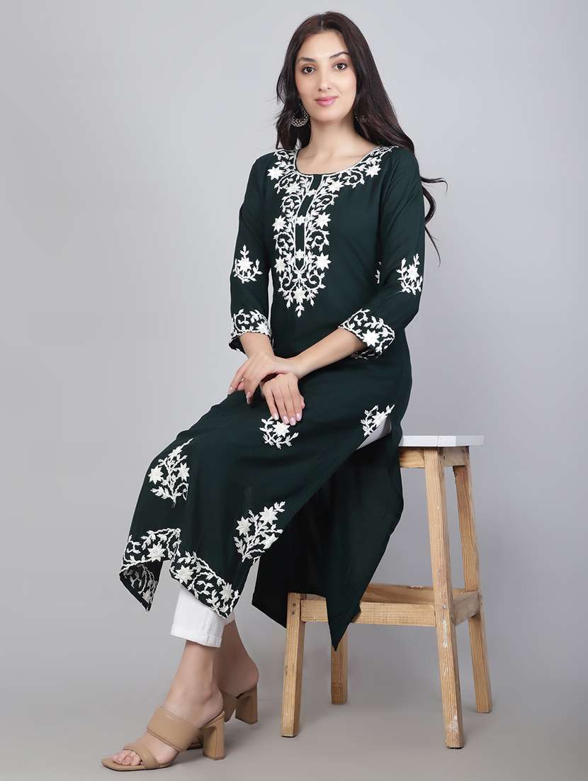 women bottle green chikankari work straight kurta - 20239521 -  Standard Image - 4