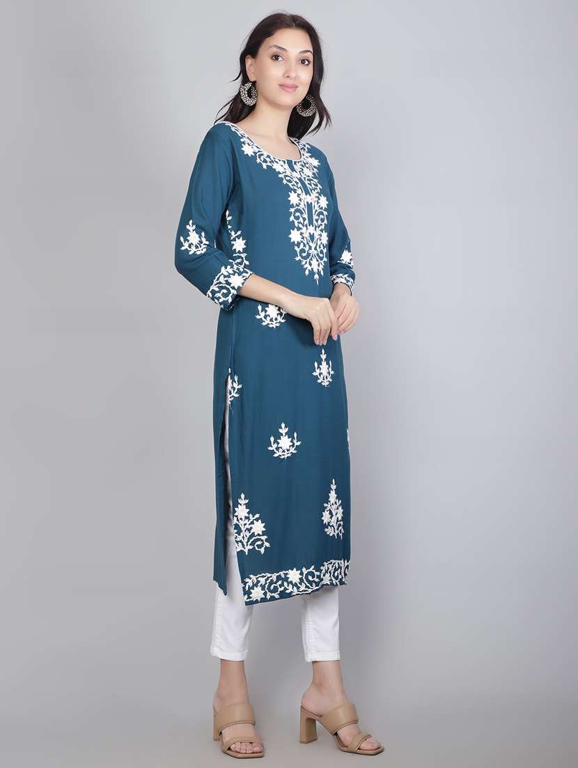 women blue chikankari work straight kurta - 20239522 -  Standard Image - 1