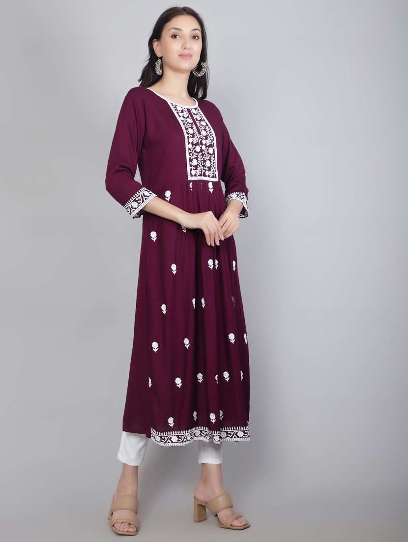 women purple chikankari work flared kurta - 20239523 -  Standard Image - 1