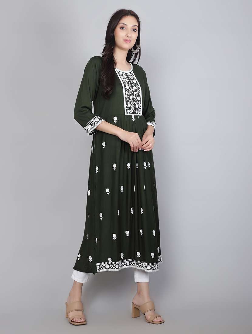 women green chikankari work flared kurta - 20239528 -  Standard Image - 1
