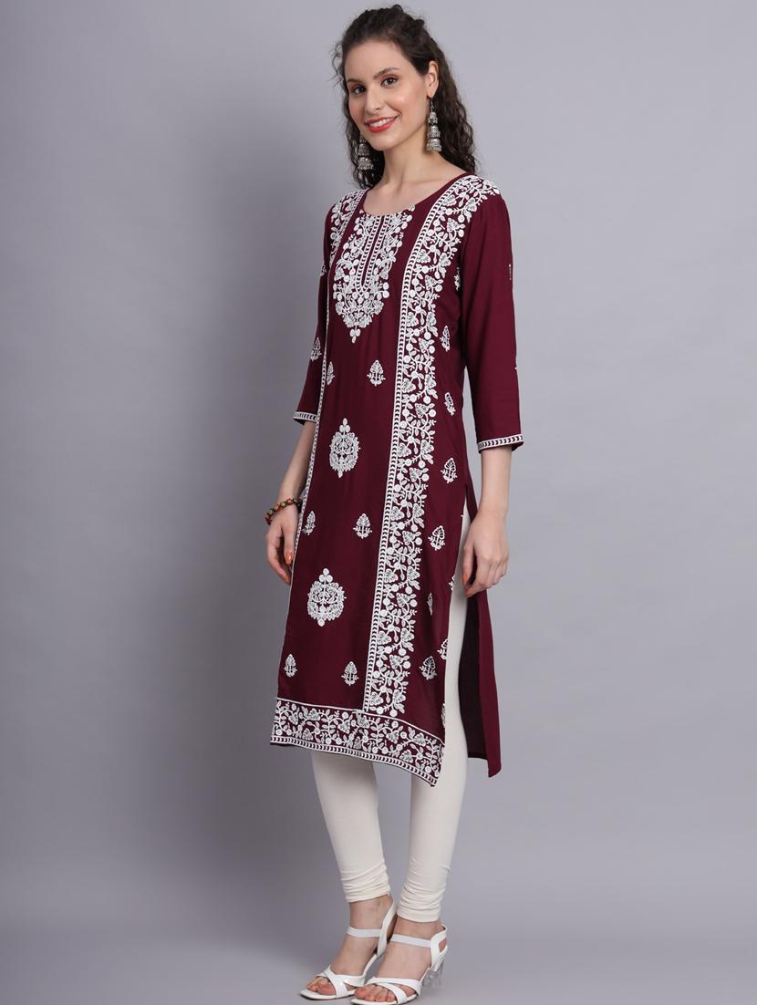 women purple chikankari work straight kurta - 20239529 - Standard Image - 1