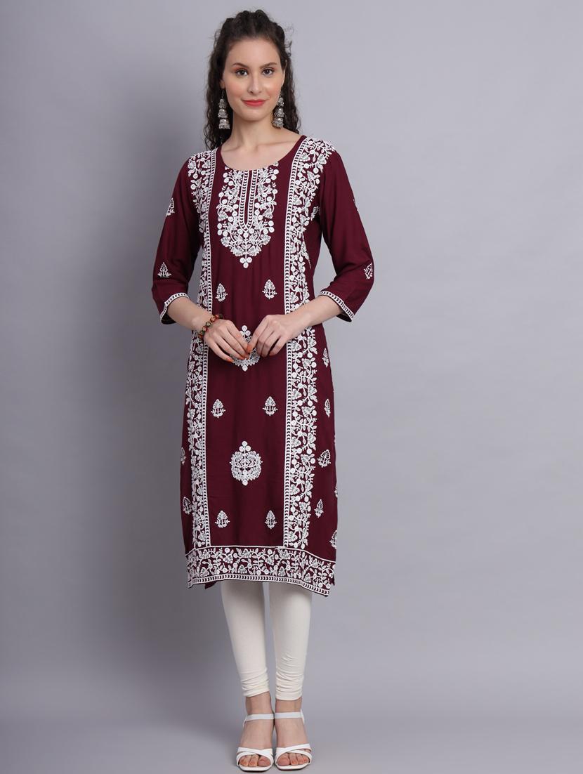 women purple chikankari work straight kurta - 20239529 - Standard Image - 4