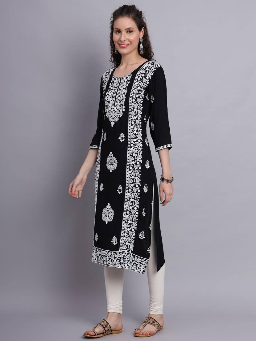 women navy blue chikankari work straight kurta - 20239534 - Standard Image - 1