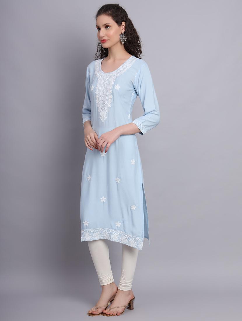 women light blue chikankari work straight kurta - 20239541 - Standard Image - 1