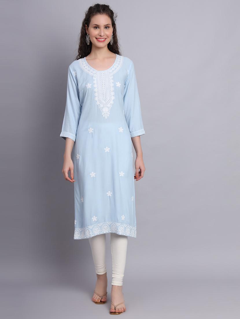 women light blue chikankari work straight kurta - 20239541 - Standard Image - 4