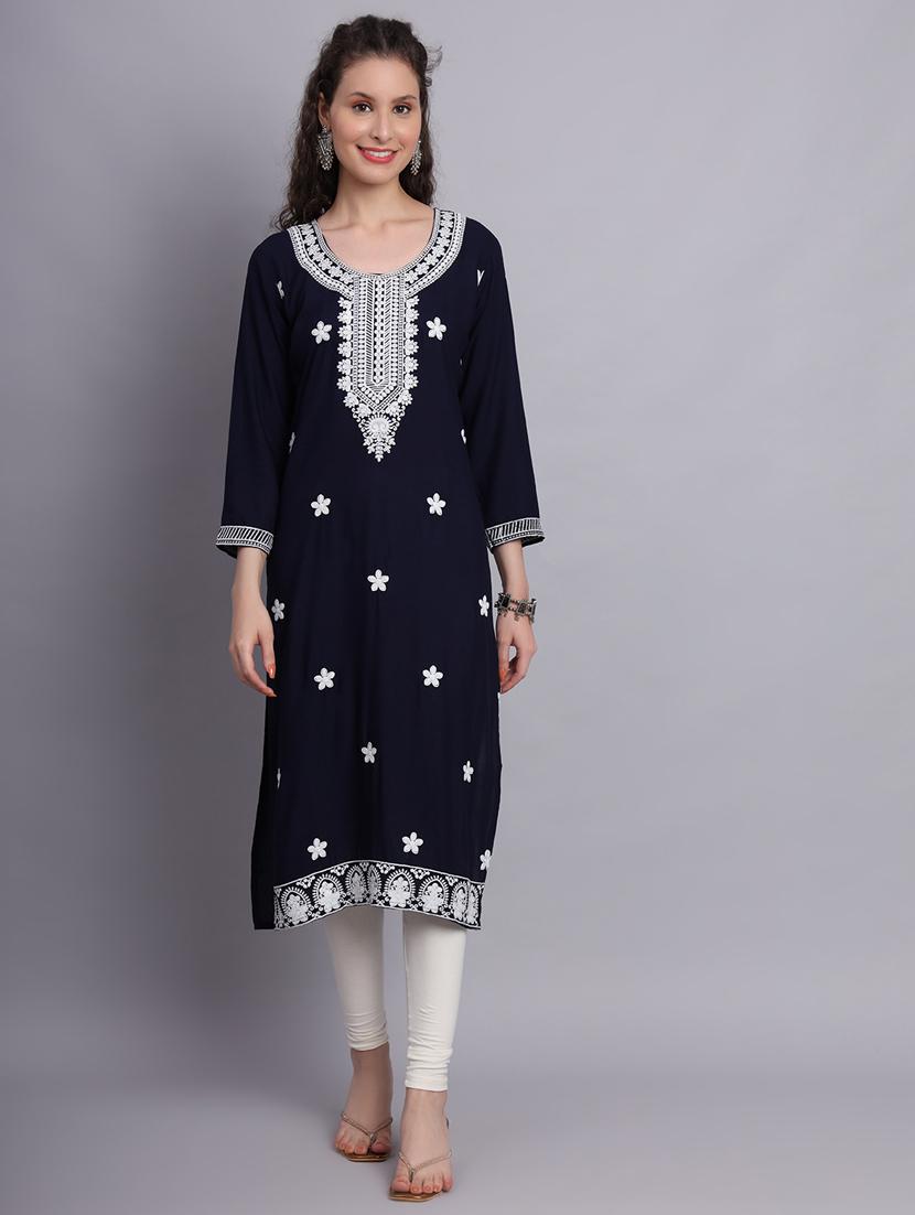 women navy blue chikankari work straight kurta - 20239546 - Standard Image - 4