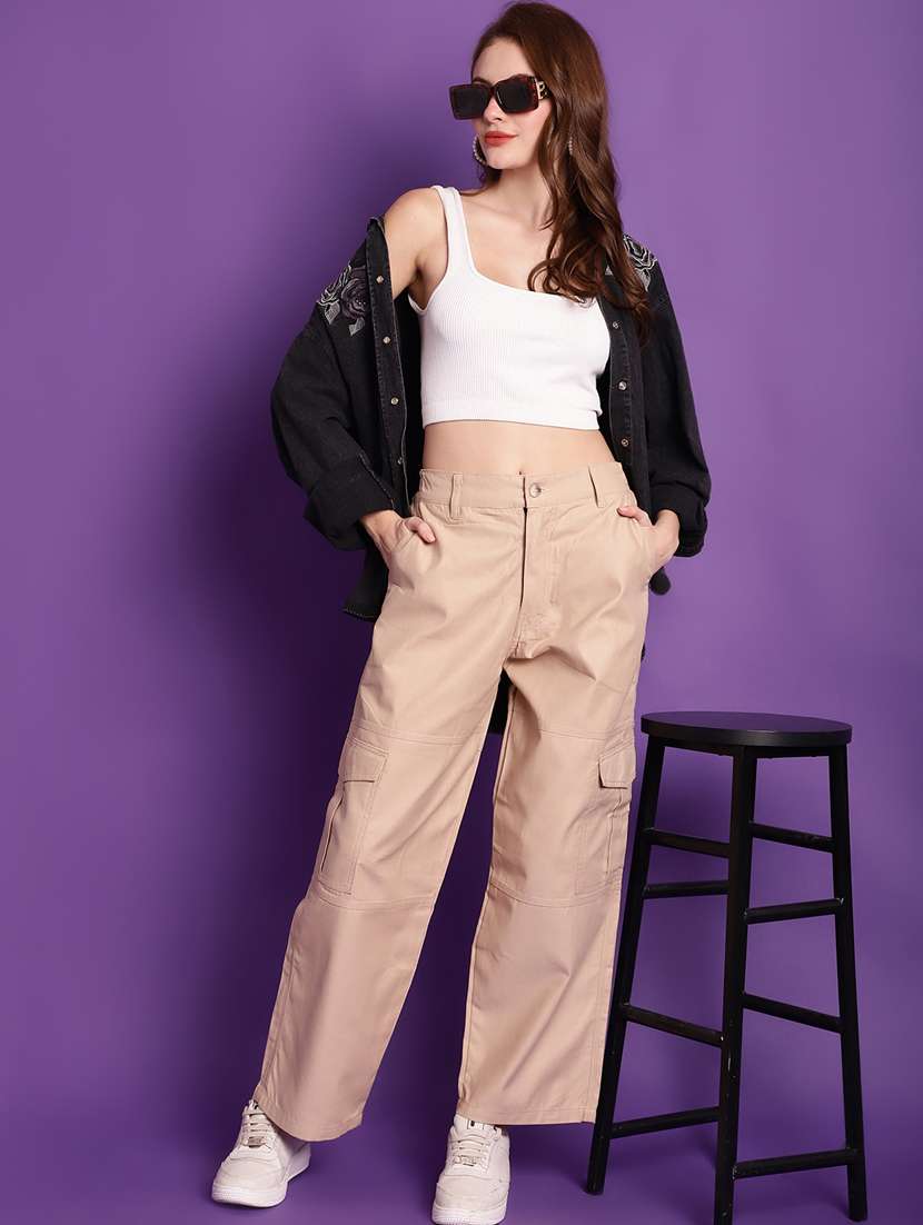 beige solid high rise cargo trouser - 20240144 -  Standard Image - 4