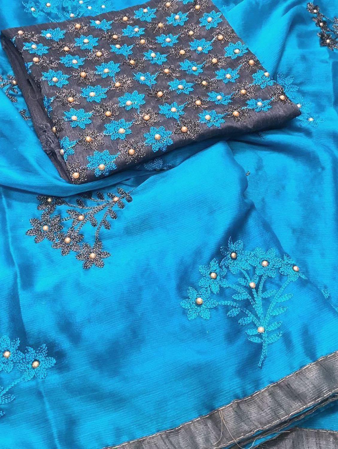 blue colored embroidered saree with blouse - 20240420 - Standard Image - 4