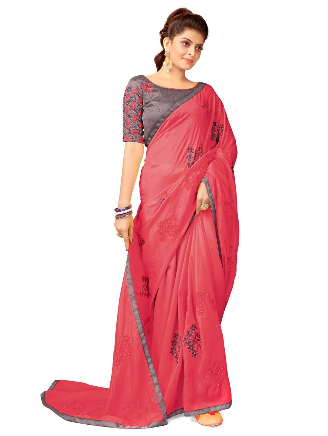 red colored embroidered saree with blouse - 20240421 - Standard Image - 1