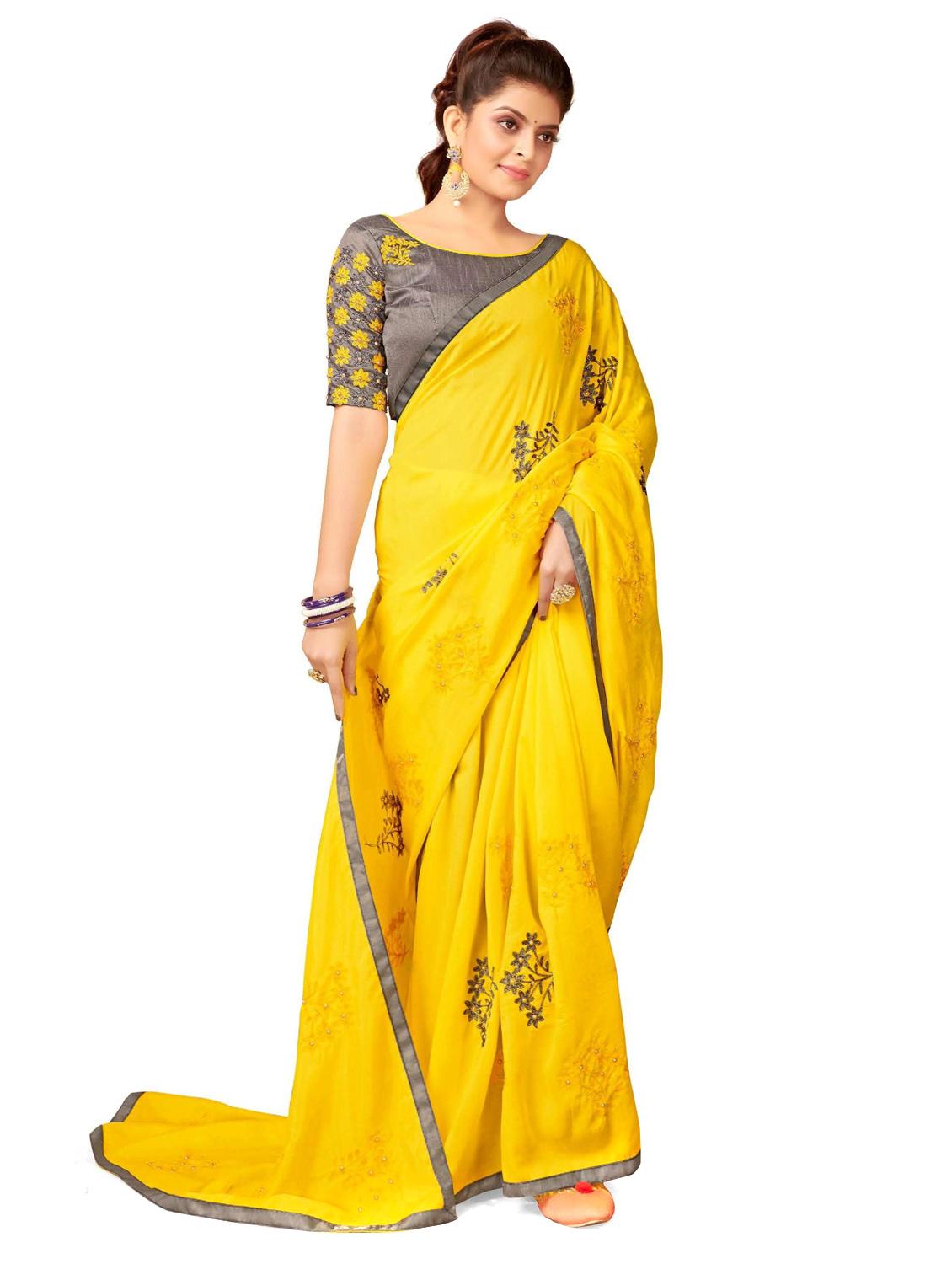 women yellow embroidered saree with blouse - 20240423 - Standard Image - 1