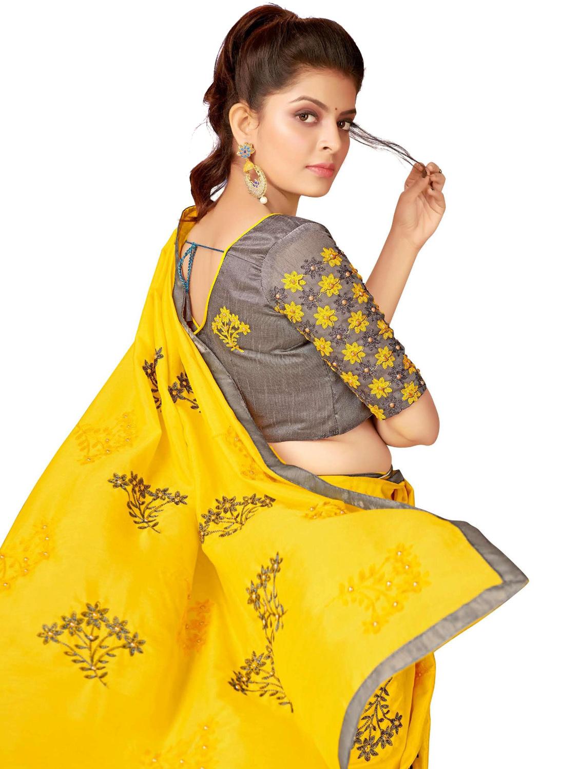 women yellow embroidered saree with blouse - 20240423 - Standard Image - 4