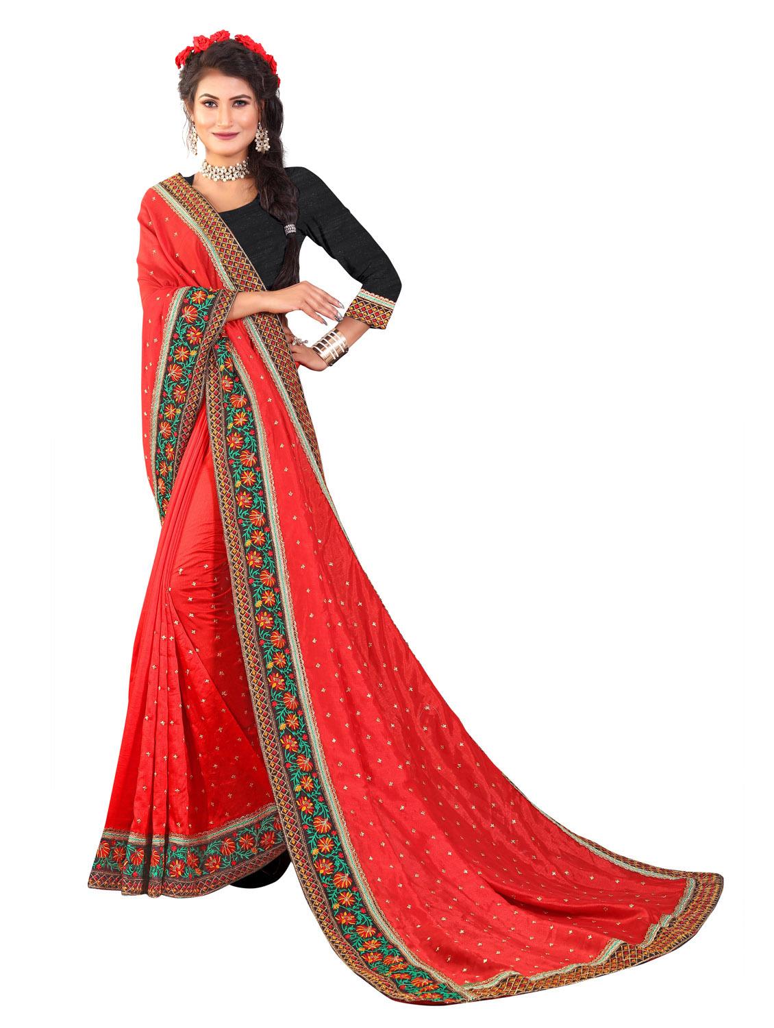 red solid bordered saree with blouse - 20240434 -  Standard Image - 1
