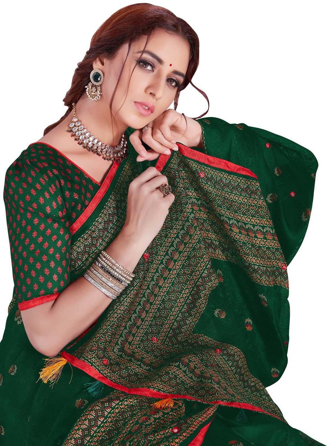 dark green floral printed saree with blouse - 20240482 - Standard Image - 4