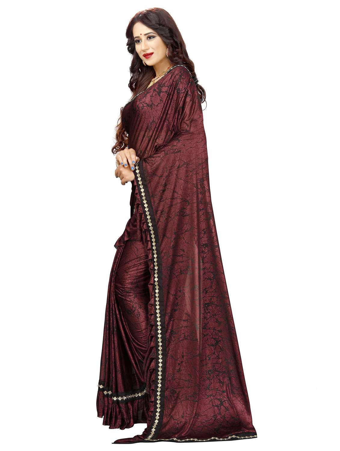 burgundy colored ruffle  saree with blouse - 20240530 -  Standard Image - 1