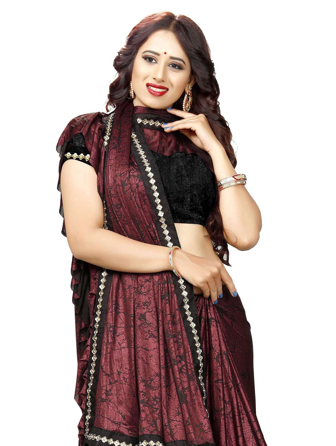 burgundy colored ruffle  saree with blouse - 20240530 -  Standard Image - 4