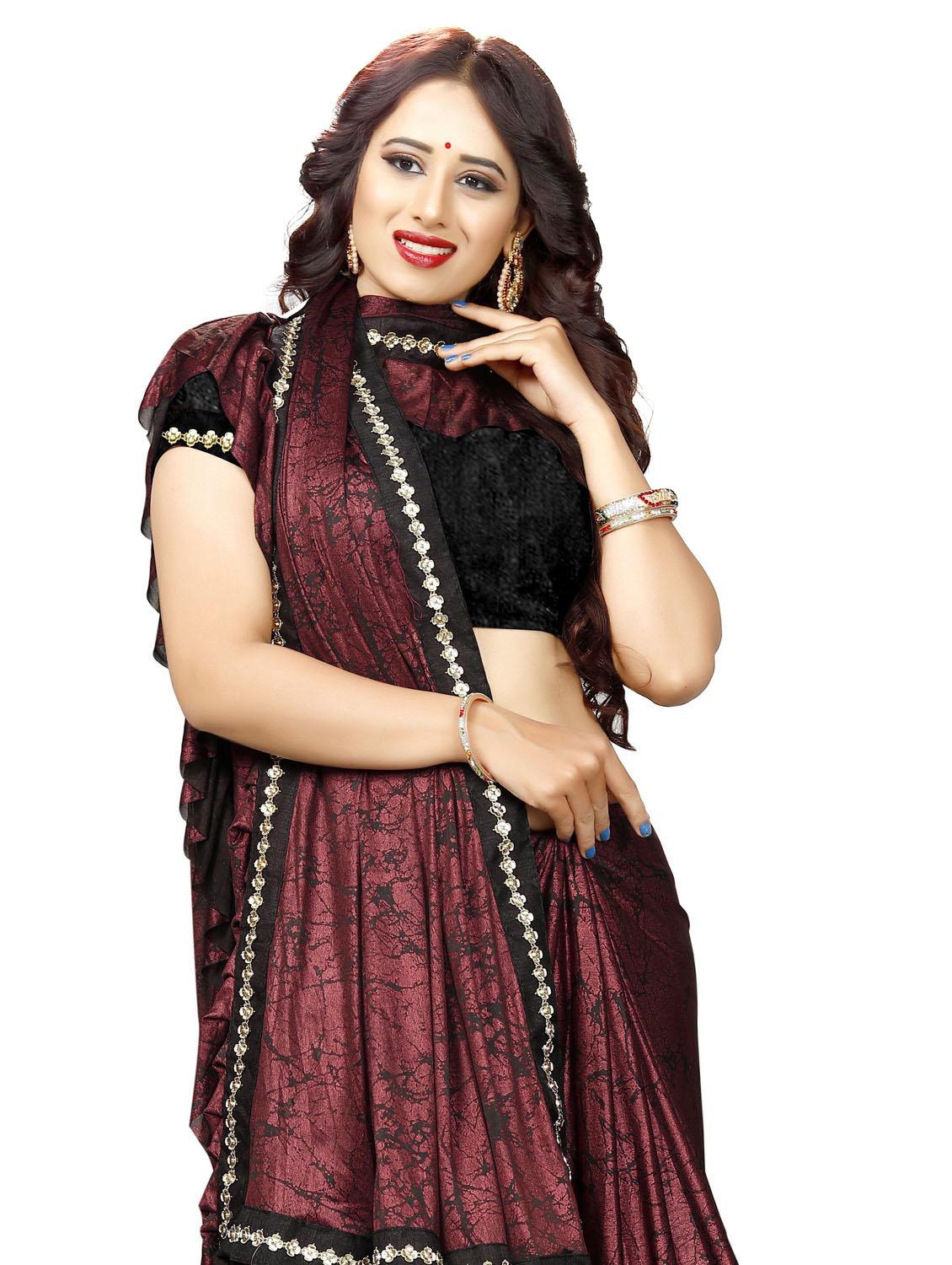 burgundy colored ruffle saree - 20240533 - Standard Image - 4