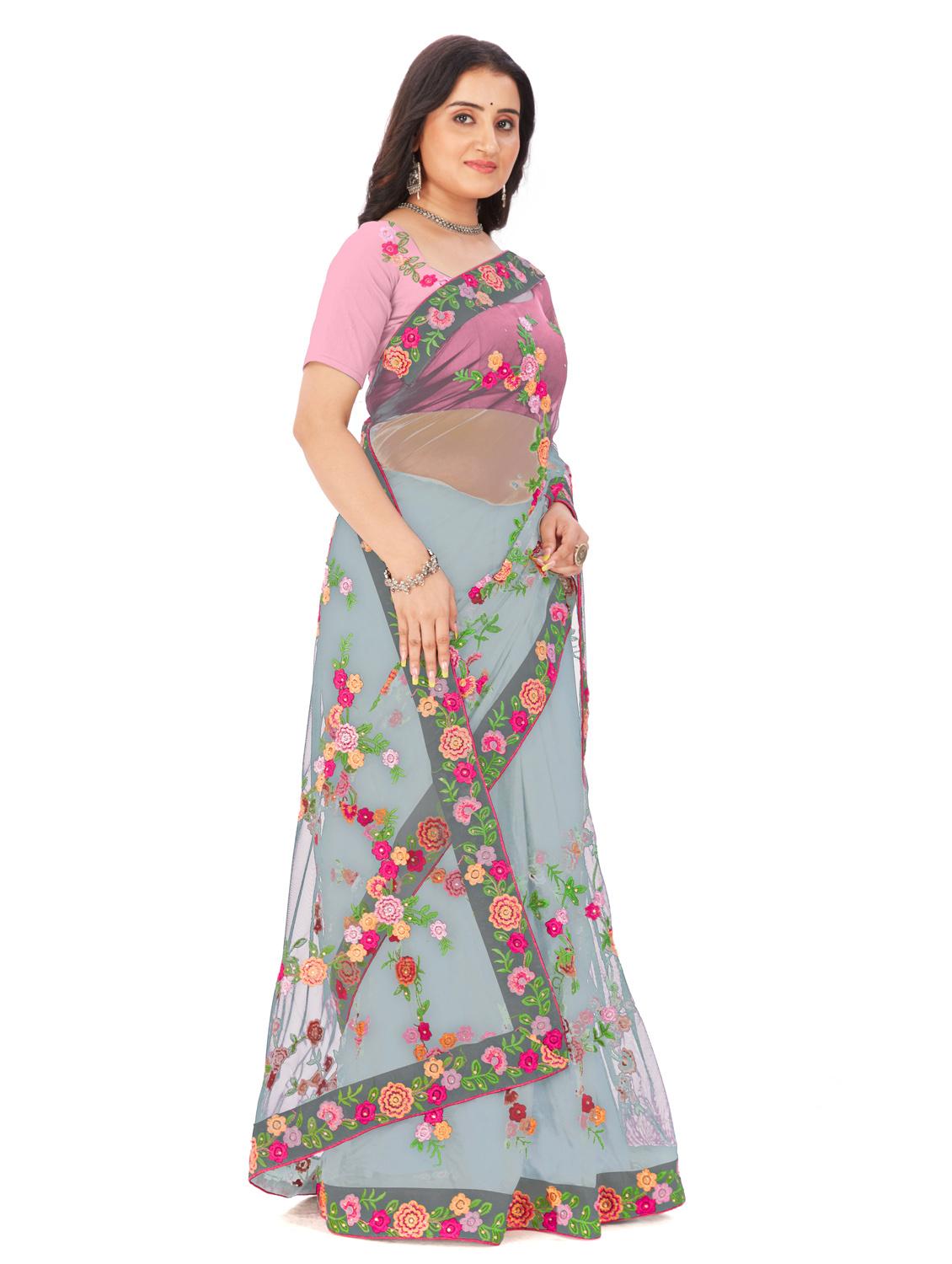 grey colored embroidered saree with blouse - 20240549 - Standard Image - 1