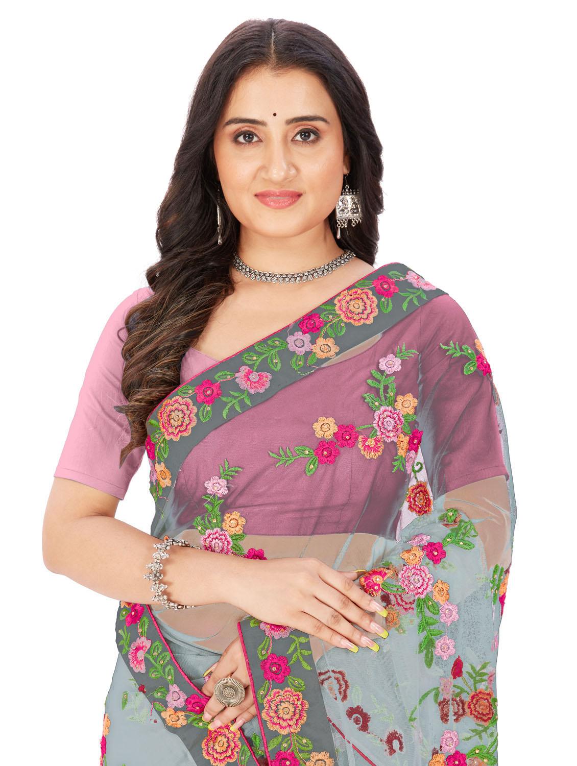 grey colored embroidered saree with blouse - 20240549 - Standard Image - 4