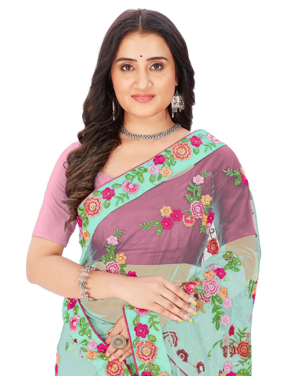 light blue floral embroidered saree with blouse - 20240550 - Standard Image - 4