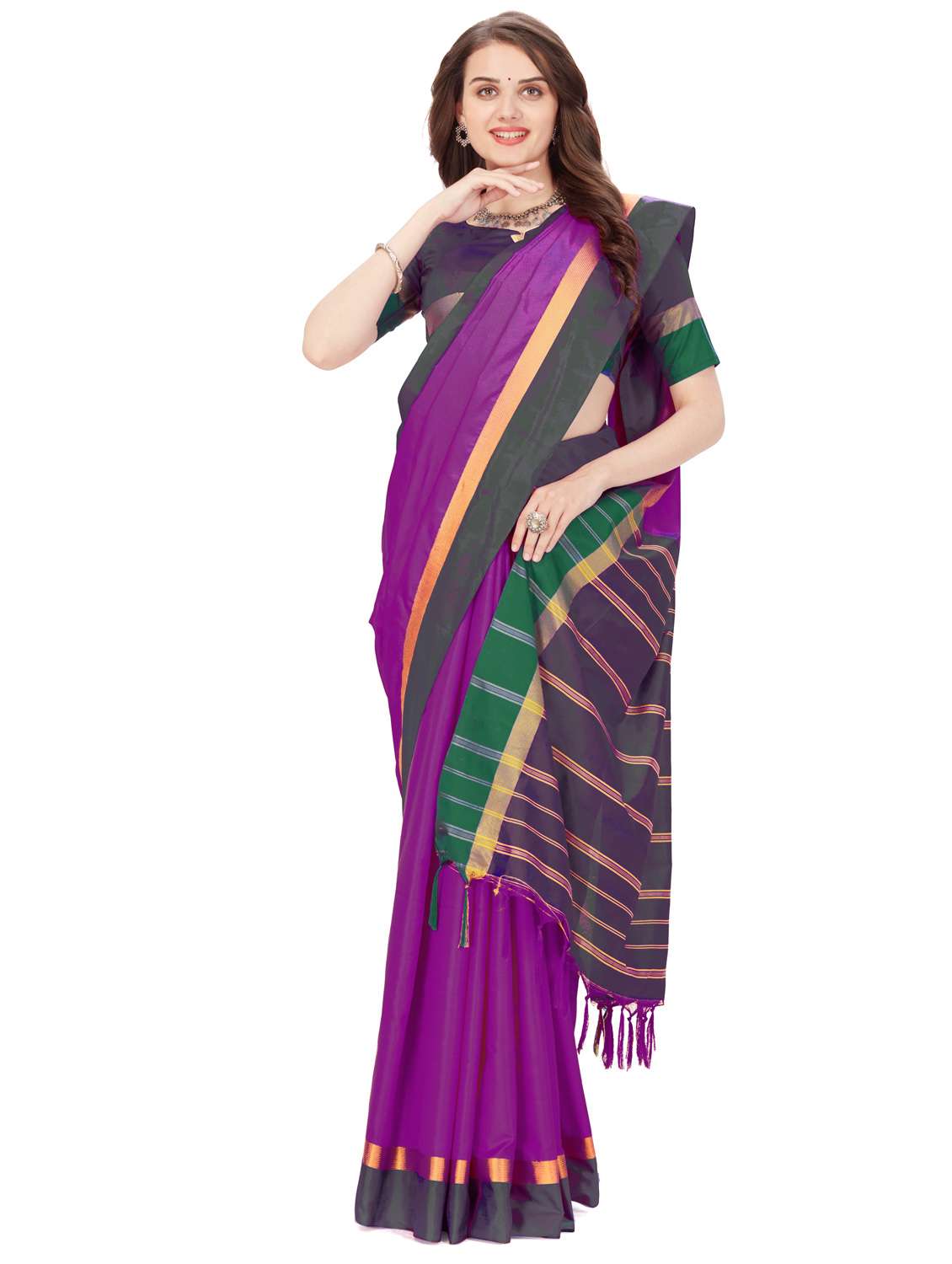 purple stripes plain saree with blouse - 20240556 -  Standard Image - 1