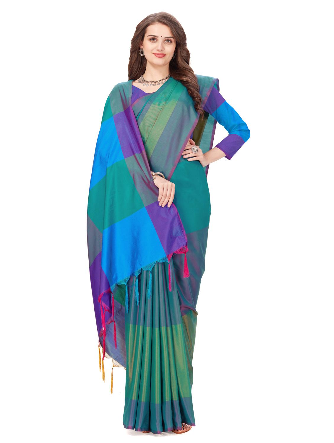 green stripes cotton silk saree with blouse - 20240563 -  Standard Image - 1