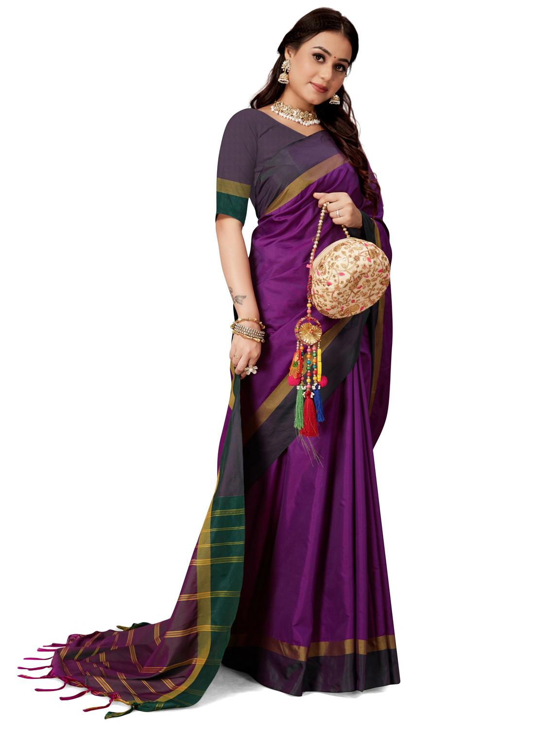 women purple solid cotton blend saree with blouse - 20240569 -  Standard Image - 1