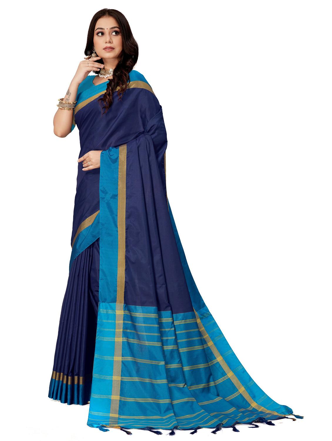 dark blue solid cotton blend saree - 20240571 -  Standard Image - 1