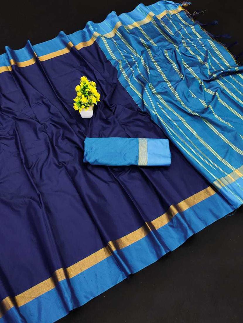 dark blue solid cotton blend saree - 20240571 - Standard Image - 4