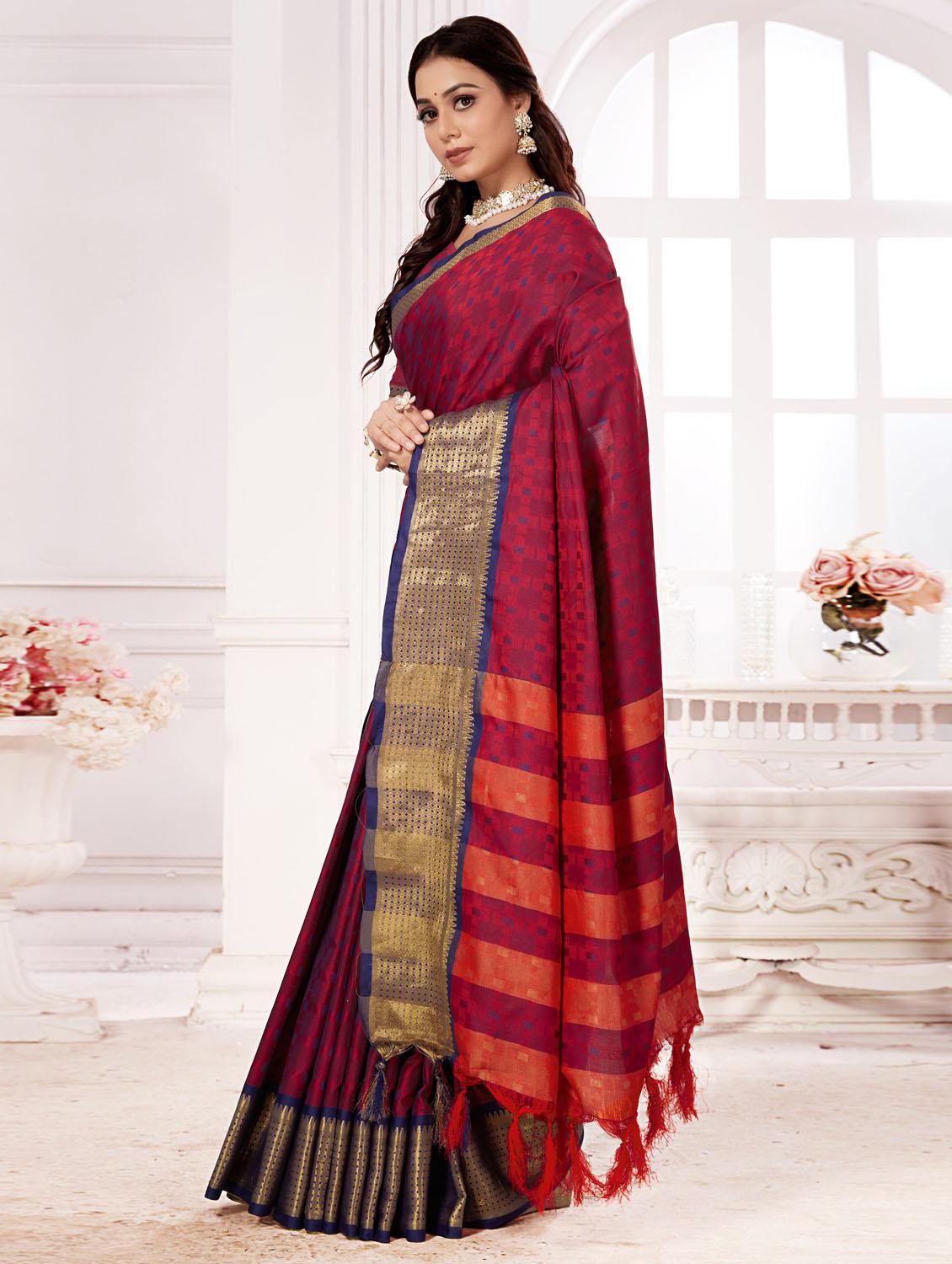 zari work maroon banarasi saree with blouse - 20240576 - Standard Image - 1