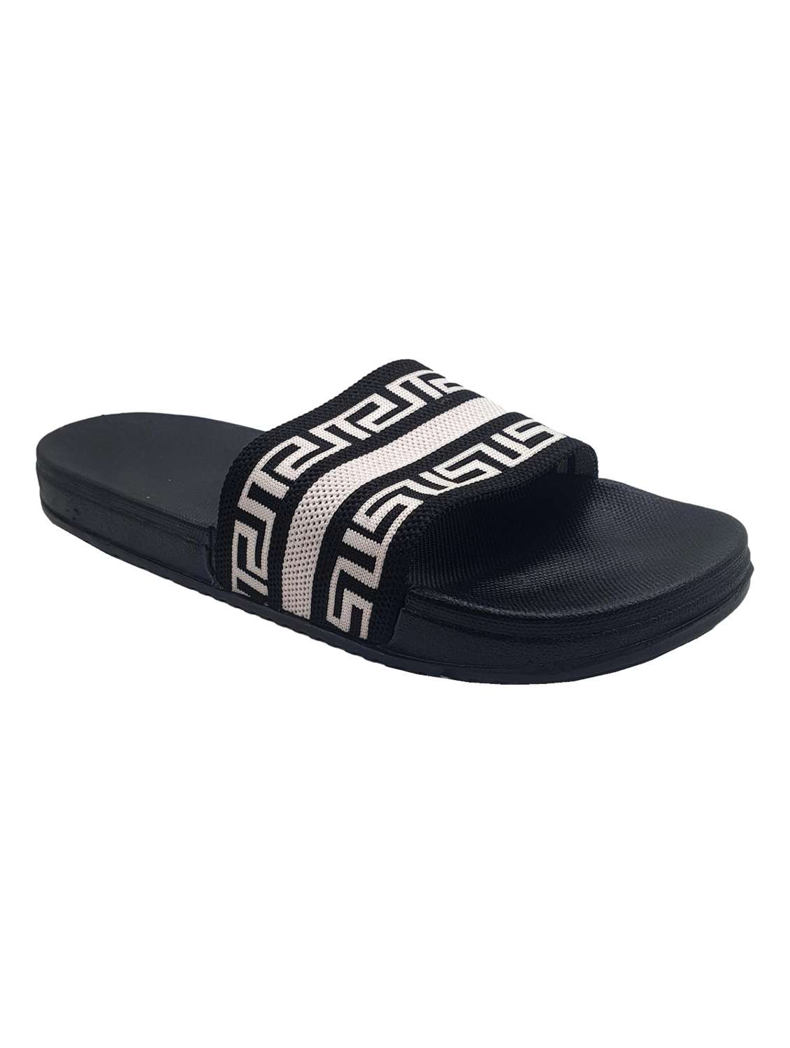 black synthetic slip on flip flops