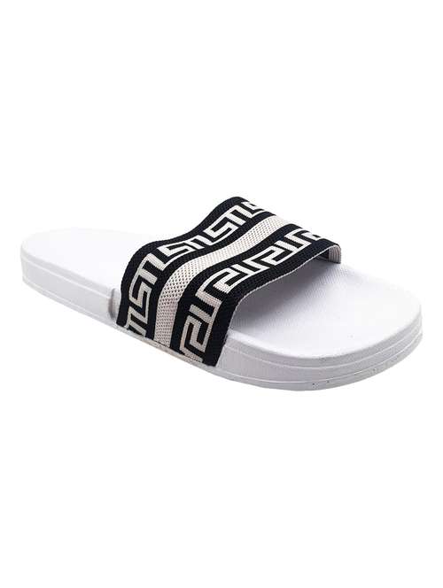 white synthetic slip on flip flops