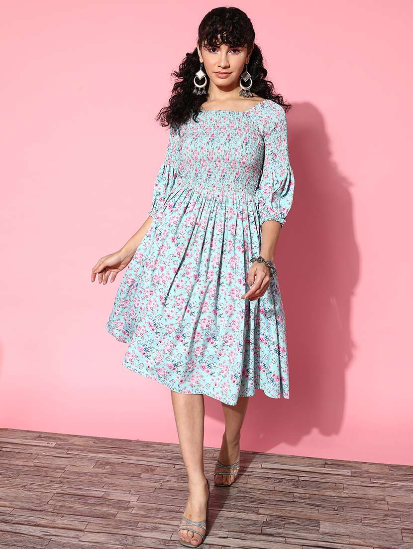 women light blue florals printed flared dress