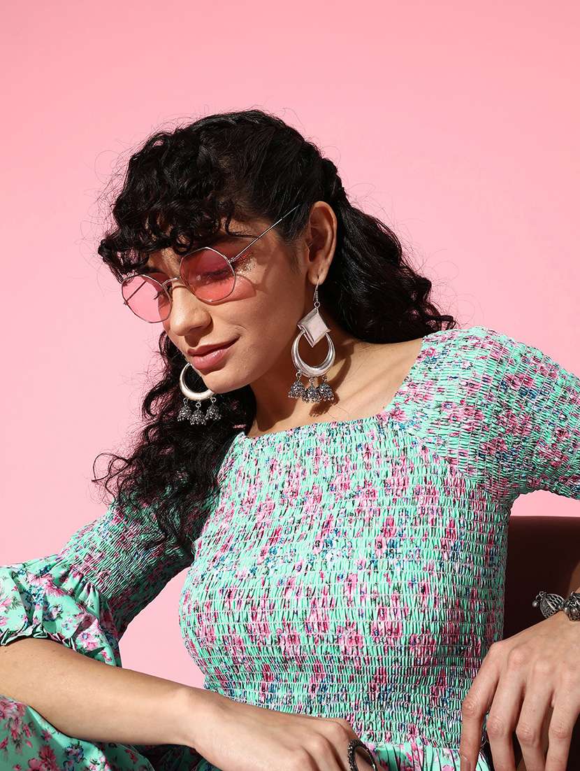 women light blue florals printed flared dress - 20242955 -  Standard Image - 4