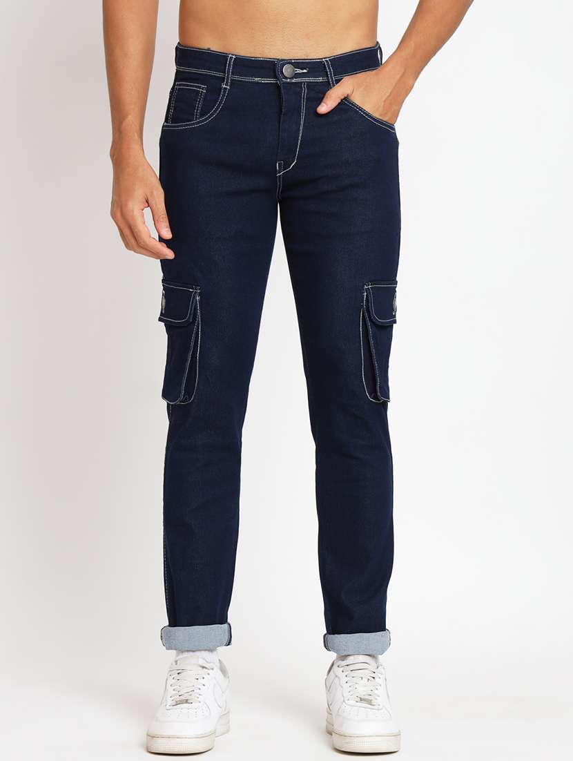men navy blue slim fit cargo jeans
