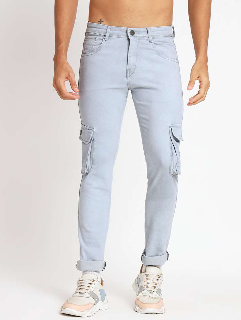 men solid grey slim fit cargos