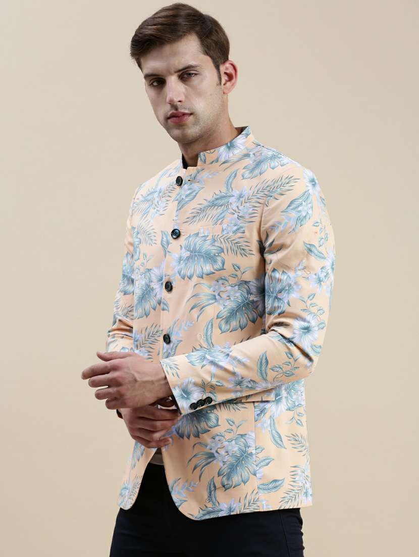 men cream tropical print cotton single breasted casual blazer - 20245395 -  Standard Image - 1