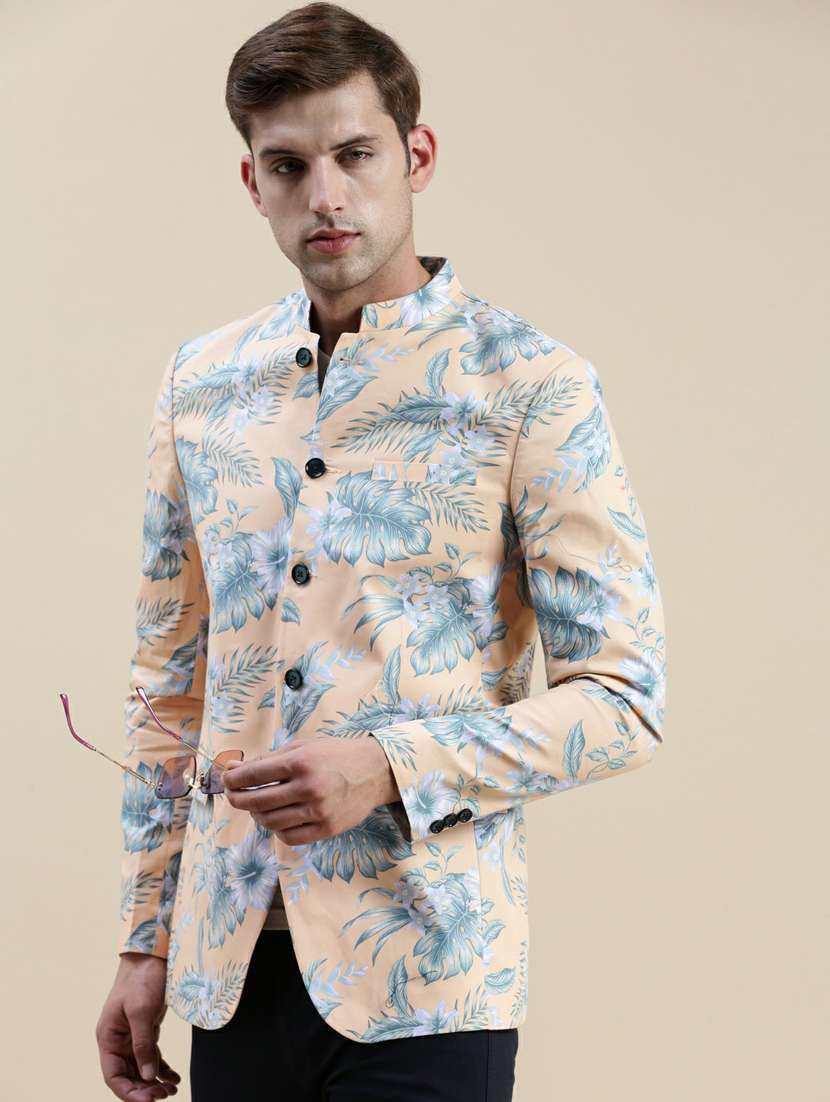men cream tropical print cotton single breasted casual blazer - 20245395 -  Standard Image - 4