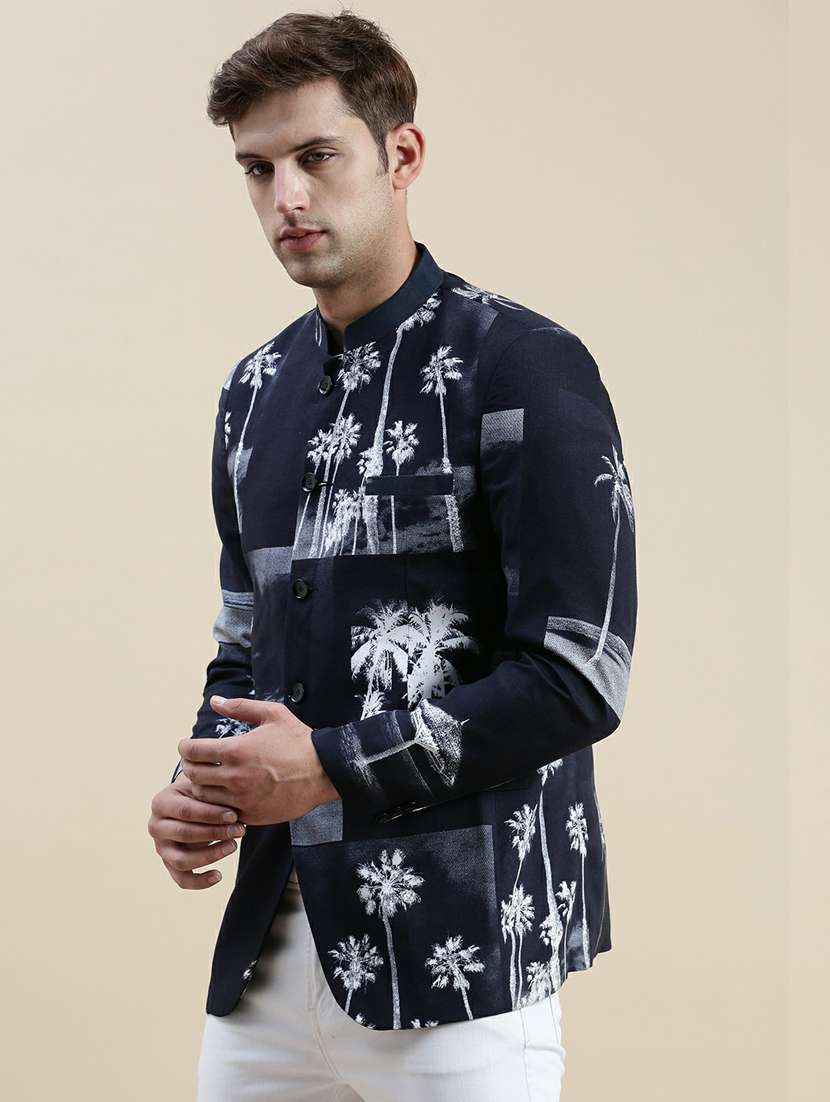 men navy blue printed cotton single breasted casual blazer - 20245403 -  Standard Image - 1
