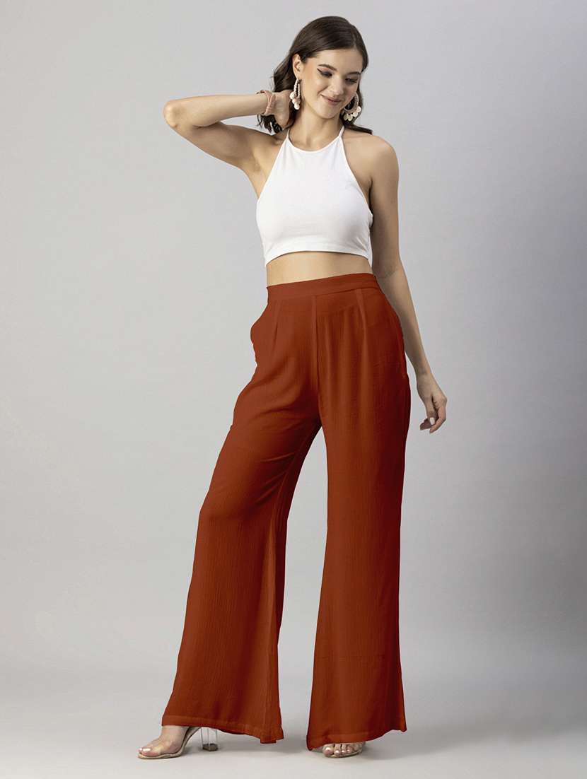 women solid high rise wide leg trouser