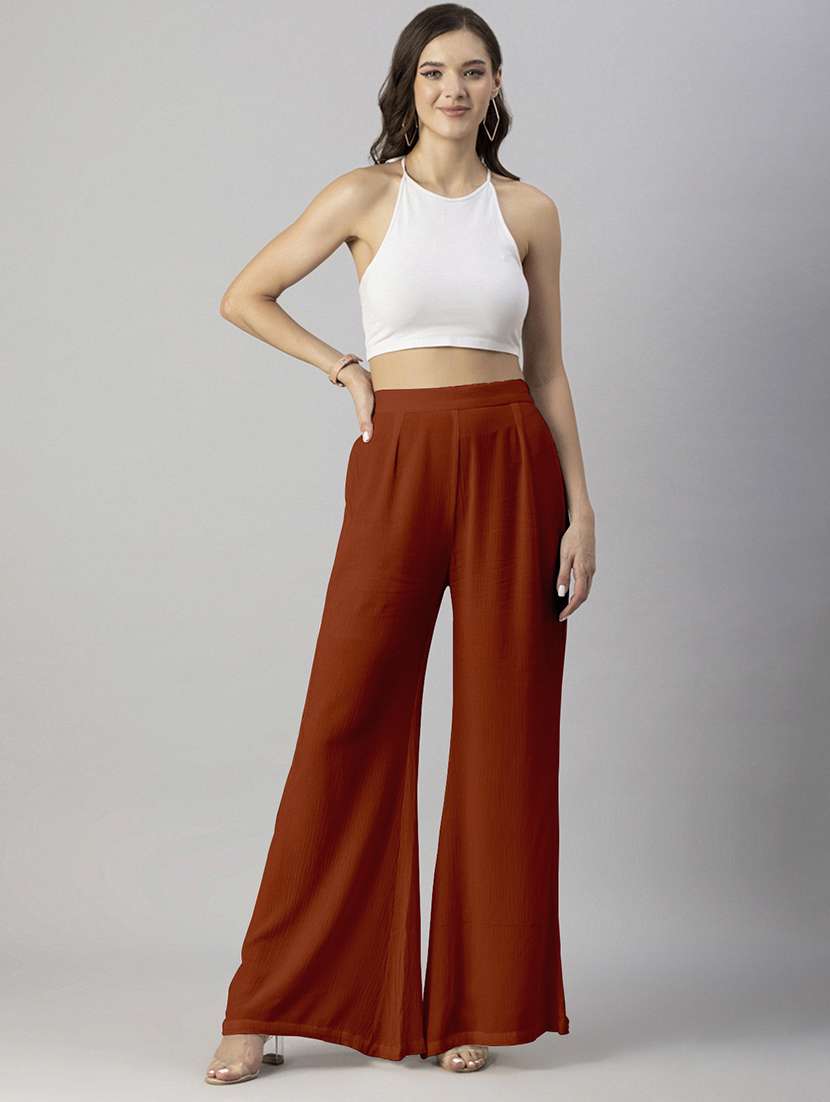 women solid high rise wide leg trouser - 20245411 - Standard Image - 1
