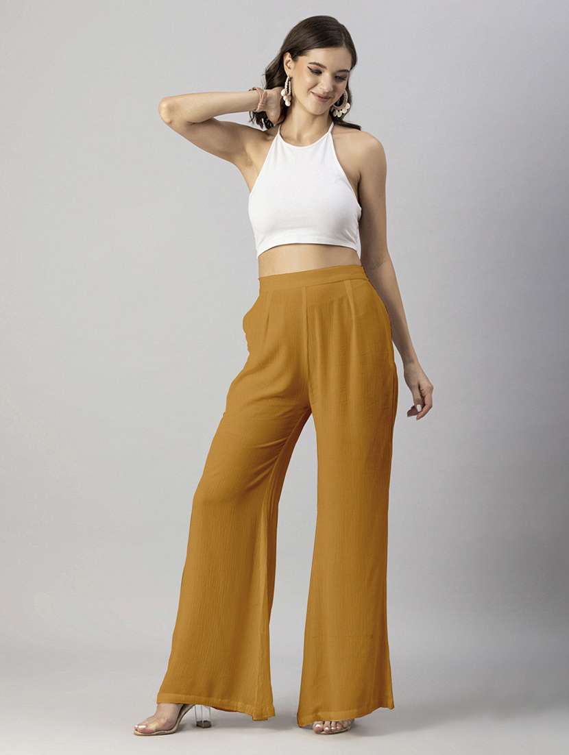 women solid high rise wide leg trouser - 20245414 -  Standard Image - 1