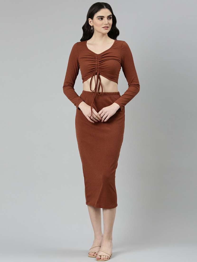 brown solid top and skirt co-ord set