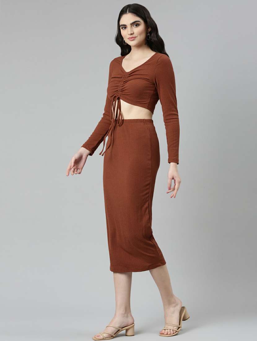 brown solid top and skirt co-ord set - 20249123 -  Standard Image - 1