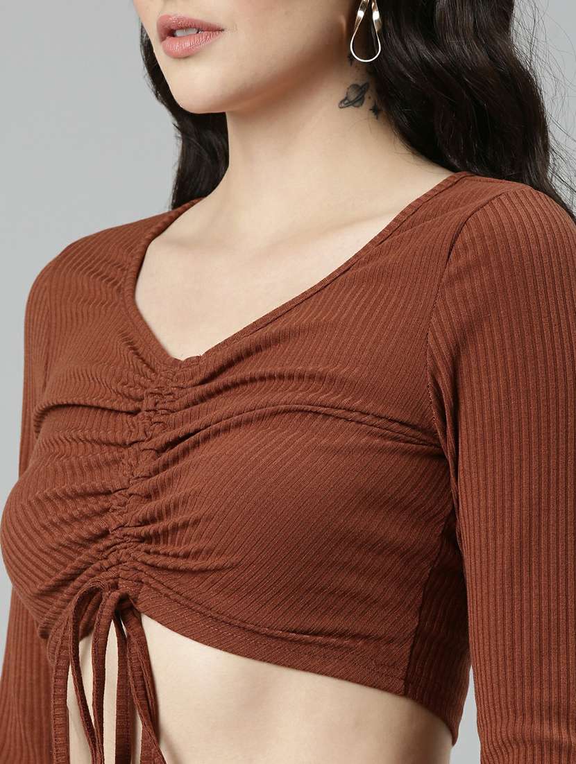 brown solid top and skirt co-ord set - 20249123 -  Standard Image - 4