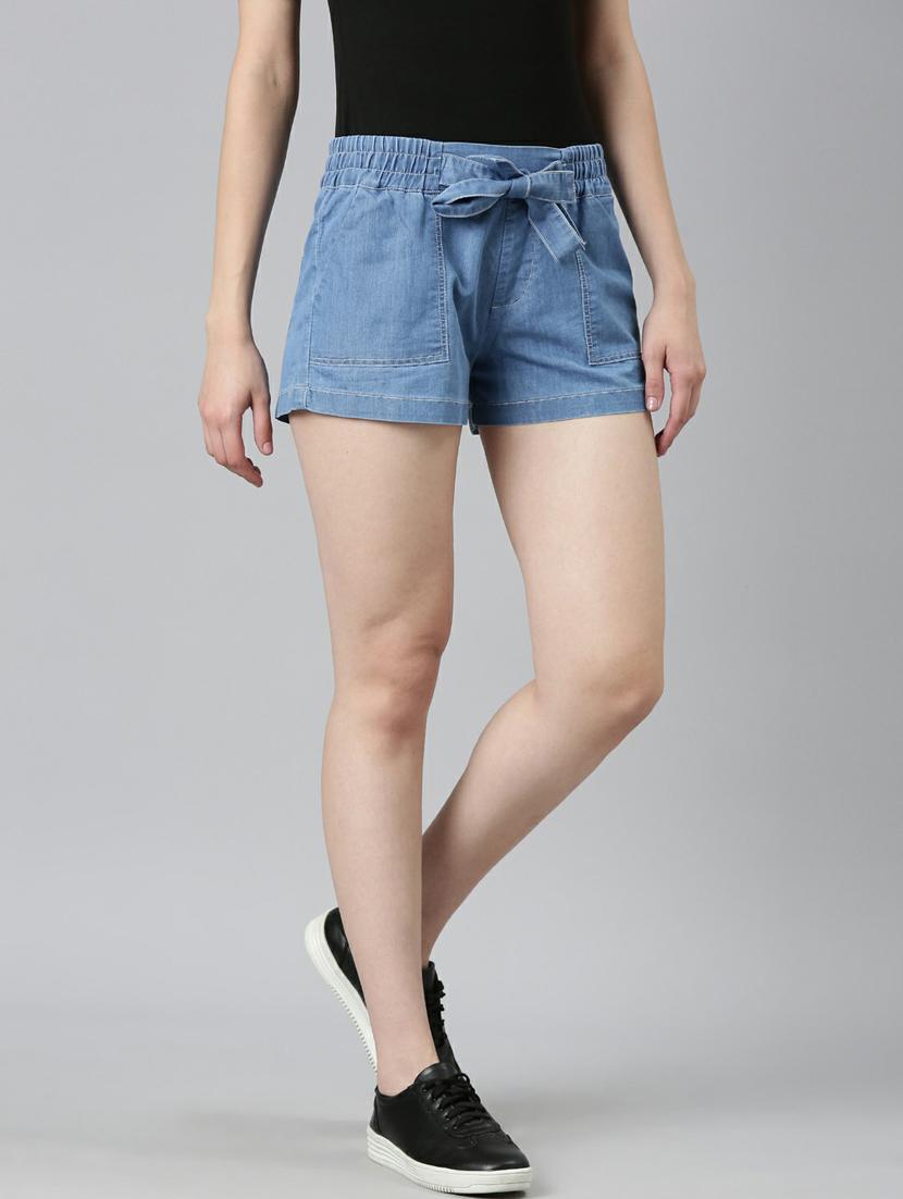 blue solid regular fit denim short - 20249276 - Standard Image - 1