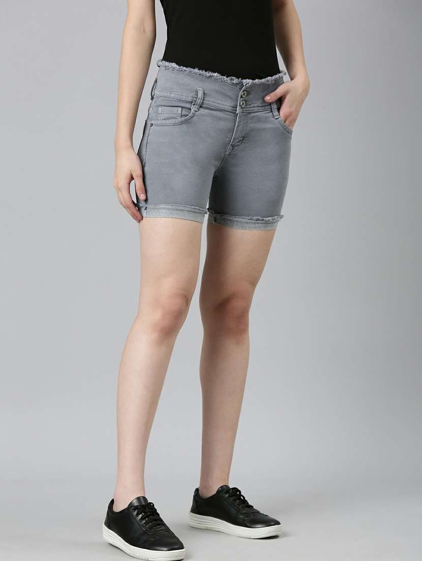 grey solid slim fit denim shorts  - 20249280 -  Standard Image - 1