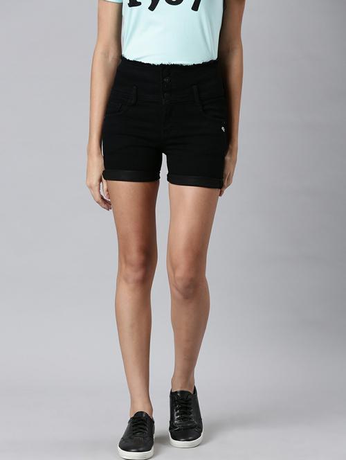 black solid mini denim shorts - 20249283 - Standard Image - 0